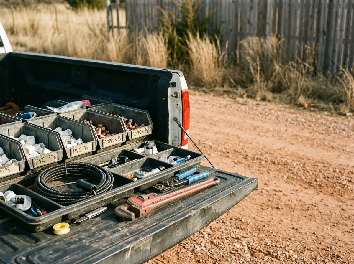 Plumbing tools and supplies arranged on a work truck bed ready for a service call. The image shows equipment, not people.