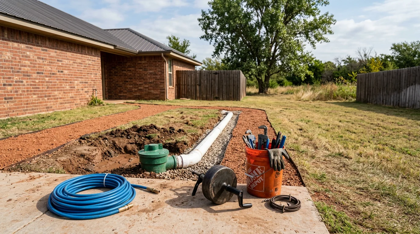 Plumber clearing a drain line at a home in the Oklahoma City metro