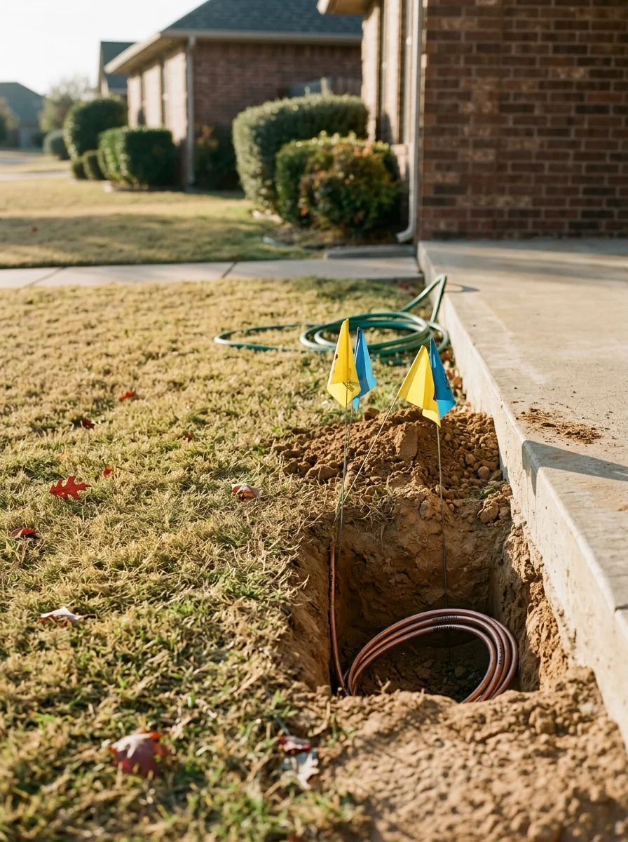A plumber using electronic leak detection equipment on the slab floor of an Edmond, Oklahoma home, with clay soil visible through an exterior access point near the foundation.