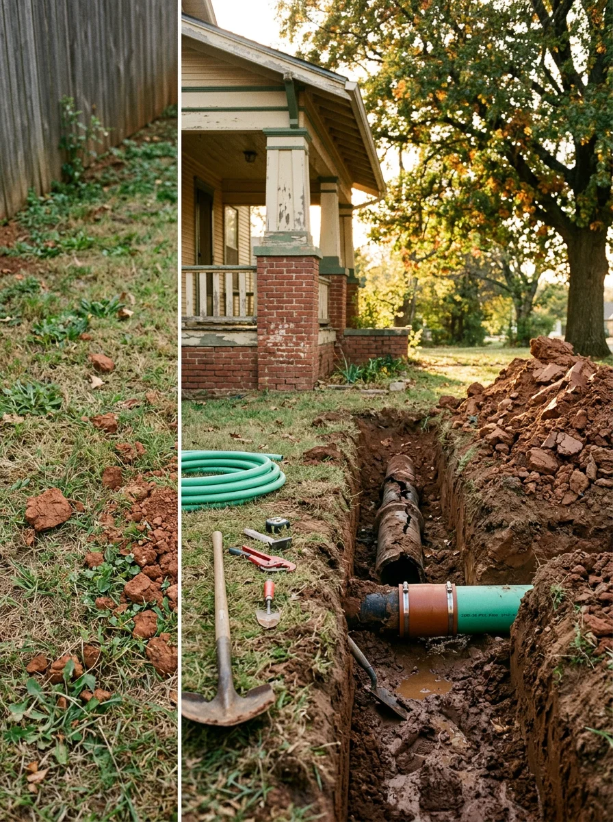 A plumber replacing a deteriorated clay sewer line segment in the yard of a historic Guthrie, Oklahoma home, with Logan County red clay soil visible in the excavation.