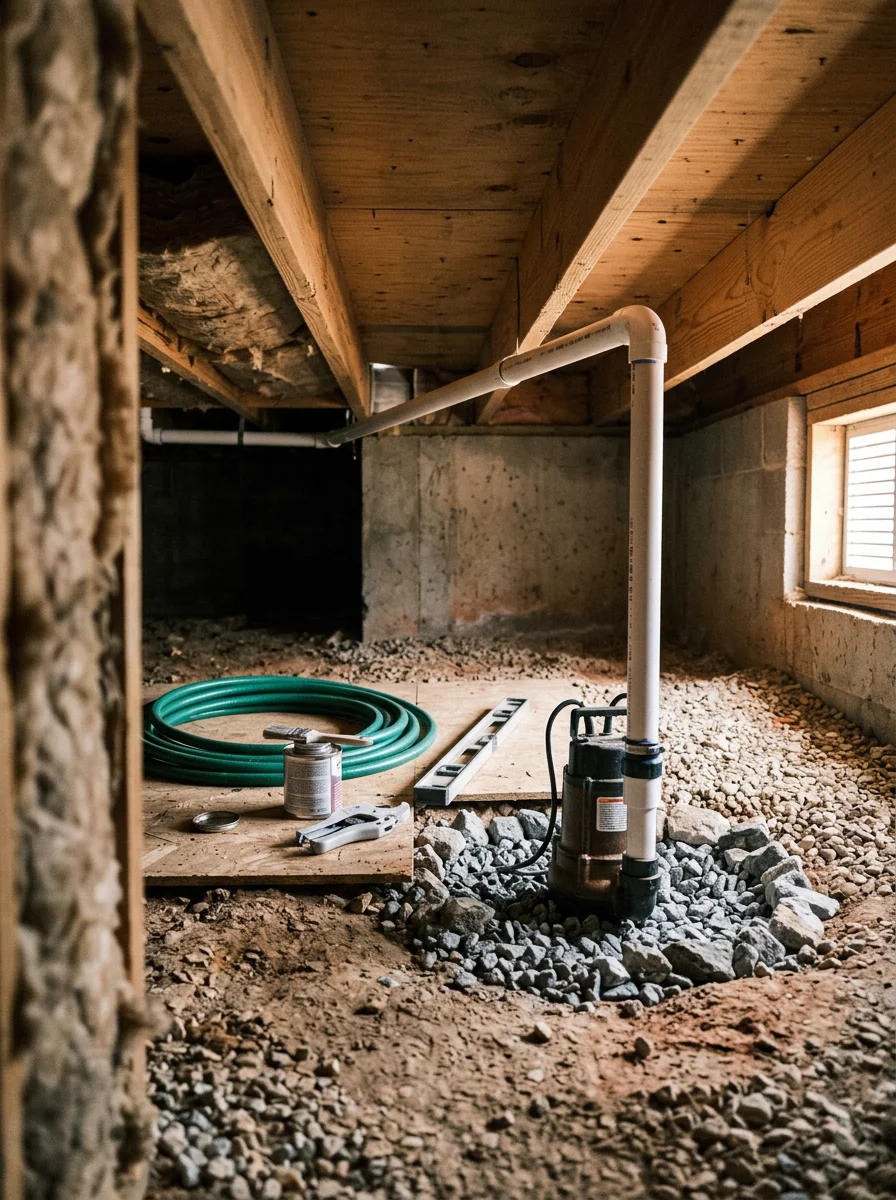 A plumber installing a sump pump in the crawl space of a post-2013 rebuild home in Moore, Oklahoma, with new PVC drain pipe running to the exterior.