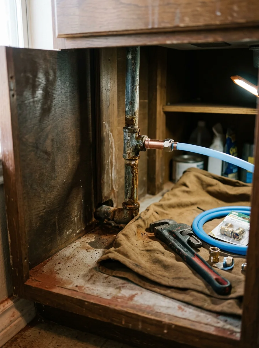 Close-up of a corroded galvanized water supply line being replaced under a kitchen sink in an older Mustang, Oklahoma home.