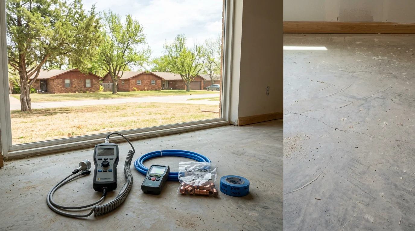 A plumber using leak detection equipment on the concrete slab floor of a single-family home in Mustang, Oklahoma, with a ranch-style brick exterior visible through the window.
