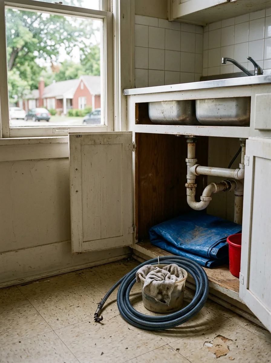 A plumber clearing a blocked drain line in a Norman, Oklahoma rental property near the OU campus, with older PVC drain pipe visible under the sink.
