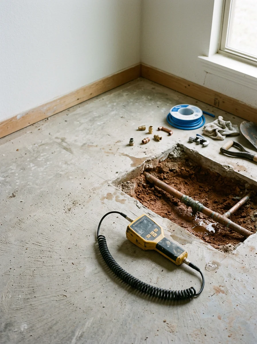 A plumber using electronic leak detection equipment on the concrete slab floor of a suburban OKC metro home, with clay soil visible through an access panel.