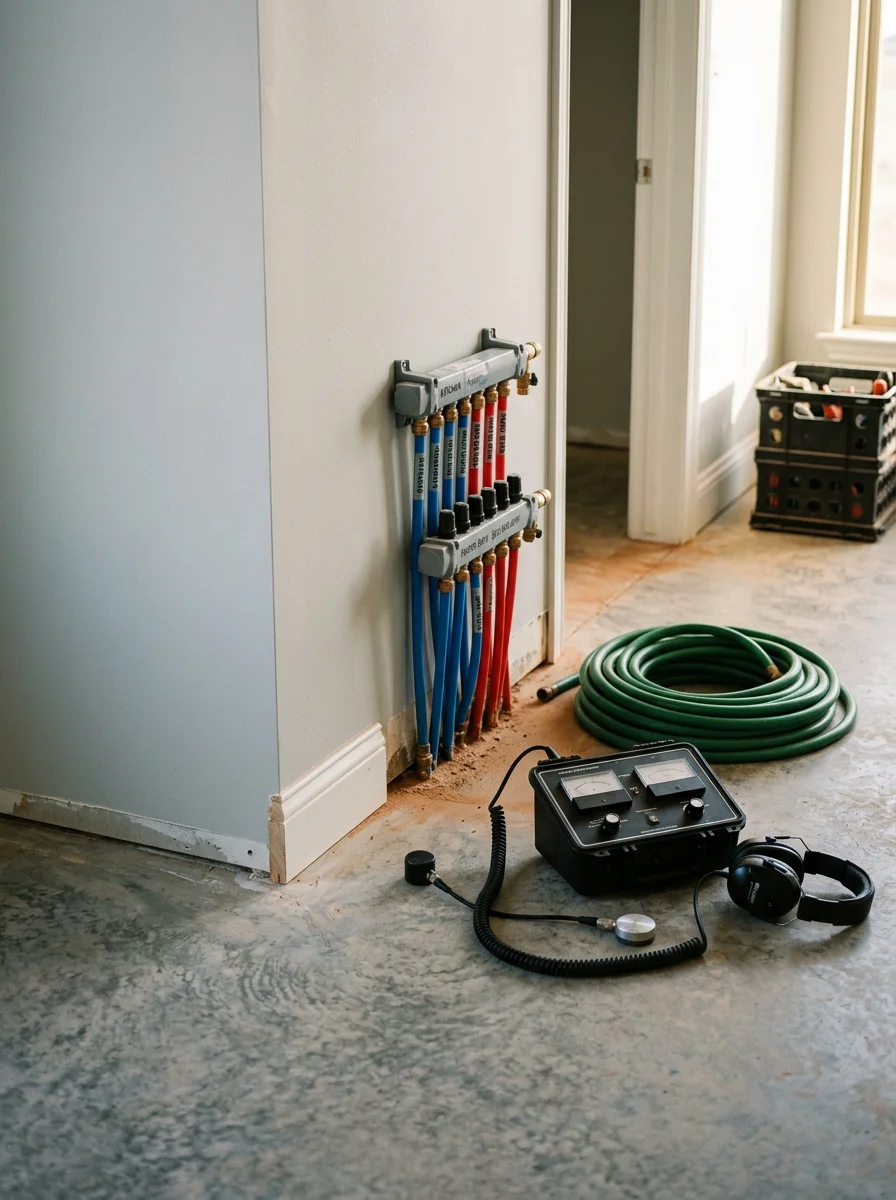 A plumber running leak detection equipment along the floor of a newer slab-foundation home in a Yukon, Oklahoma subdivision.