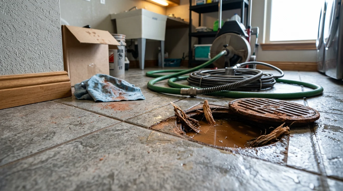 A plumber using a drain snake to clear a blocked kitchen drain line beneath a sink in a Mustang, Oklahoma home. The drain pipe is visible under the cabinet with the access panel removed.