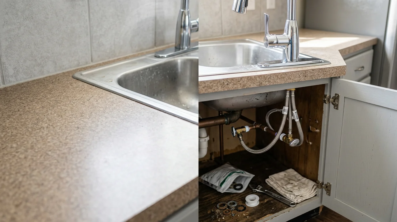 A plumber installing a new pull-down kitchen faucet at a residential sink in Mustang, Oklahoma, with supply lines and shutoff valves visible beneath the cabinet.