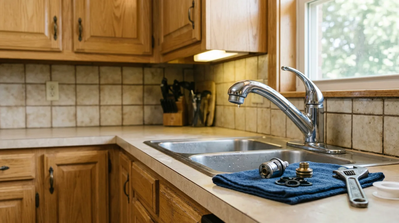 A plumber repairing a leaking kitchen faucet under a sink in a single-family home in Mustang, Oklahoma. The technician is replacing an internal cartridge with the cabinet doors open and water supply lines visible.