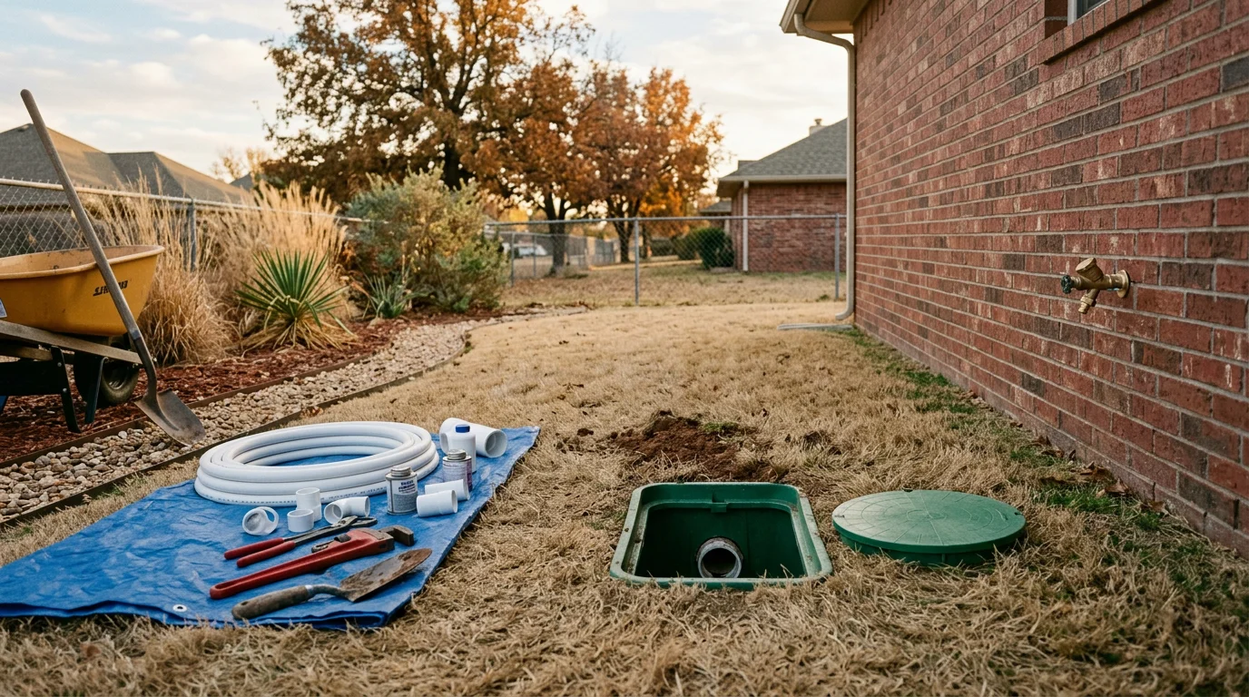 A plumber inspecting an exposed underground water service line in a residential yard in Mustang, Oklahoma. The repair site shows a small excavation area with the damaged pipe section visible above the soil.