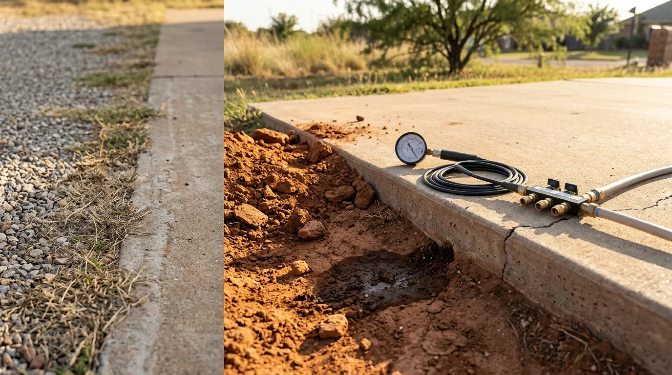 A plumber performing leak detection on a concrete slab floor inside a Mustang, Oklahoma home. Detection equipment rests on the floor near a damp spot, with no walls or concrete disturbed.