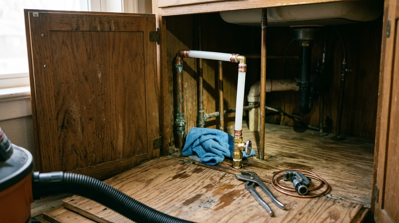 A plumber repairing a leaking copper supply line under a kitchen sink in a Mustang, Oklahoma home. Close-up view of pipe fittings and angle stop valve with water damage visible on the cabinet interior.
