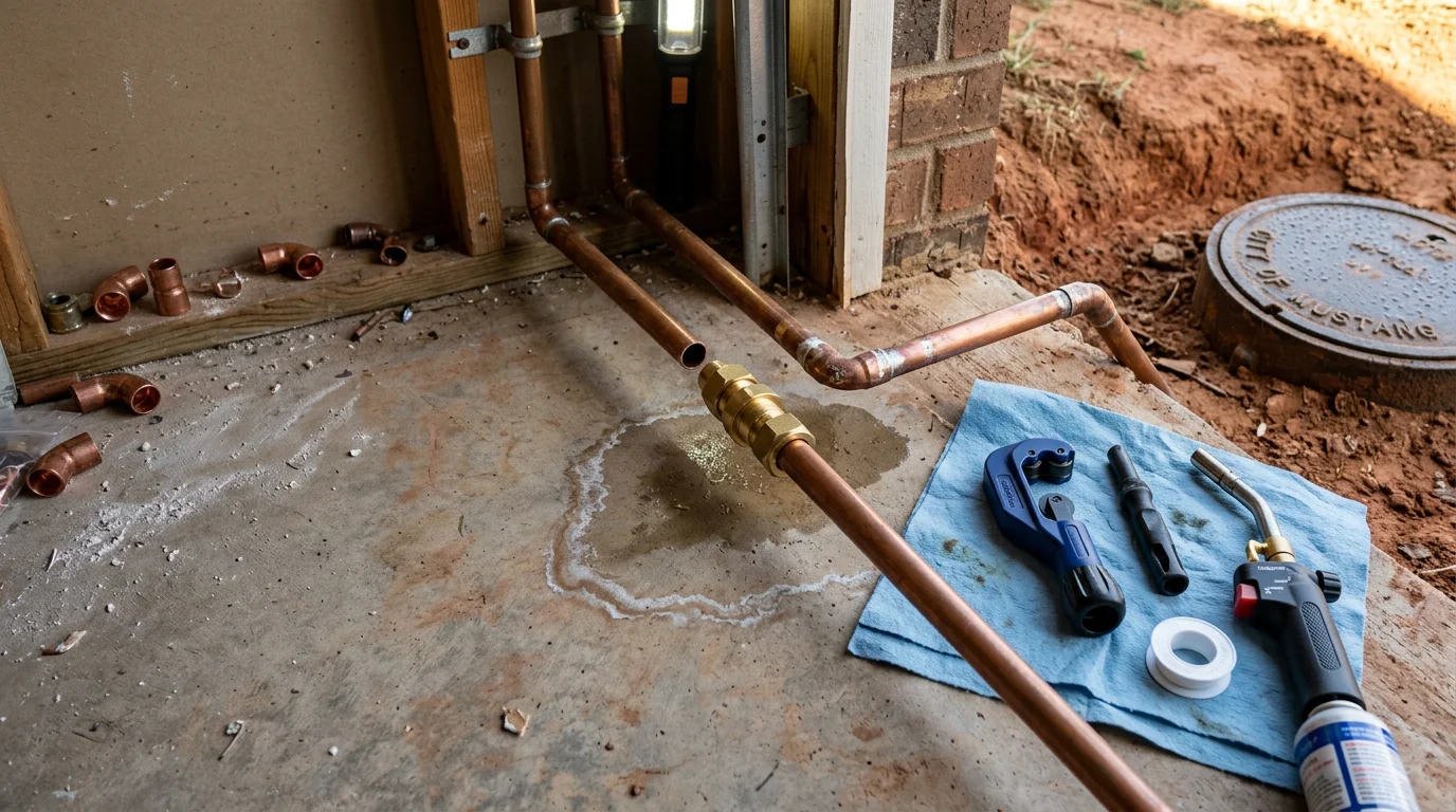 A plumber repairing a damaged water supply pipe beneath a residential sink in a Mustang, Oklahoma home. The work area shows exposed copper pipe with a corroded section being replaced.