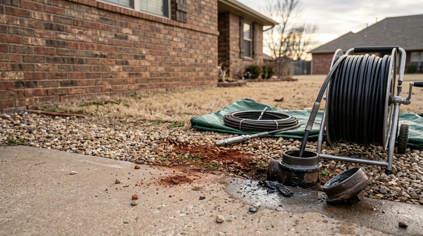 A plumber using hydro jetting equipment to clean a residential main sewer line through a cleanout access point in a Mustang, Oklahoma backyard. The image shows the hose entering the cleanout with the service truck visible in the background.