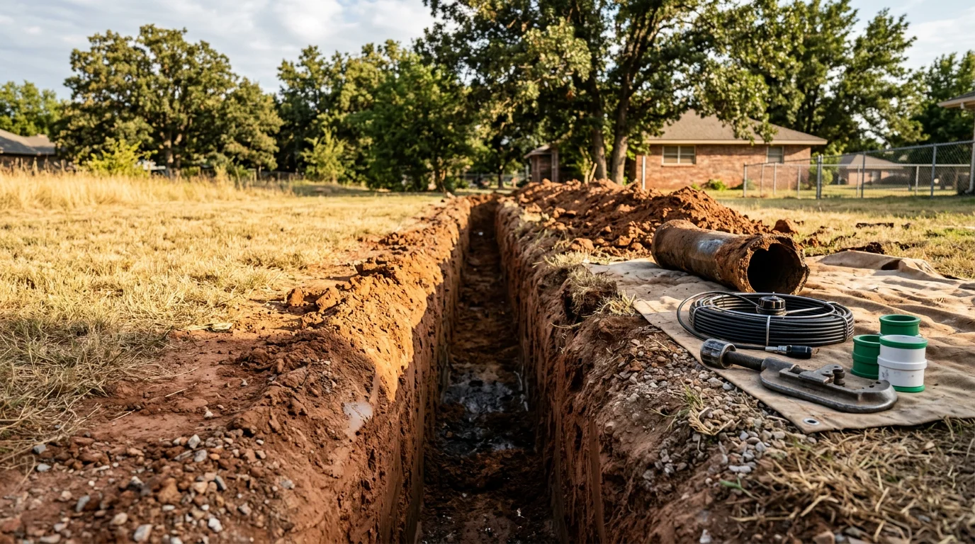 A plumber reviewing a sewer camera inspection monitor beside an open main sewer cleanout in the yard of a residential home in Mustang, Oklahoma. The screen shows the interior of an aging clay tile sewer pipe with visible cracking and root intrusion.