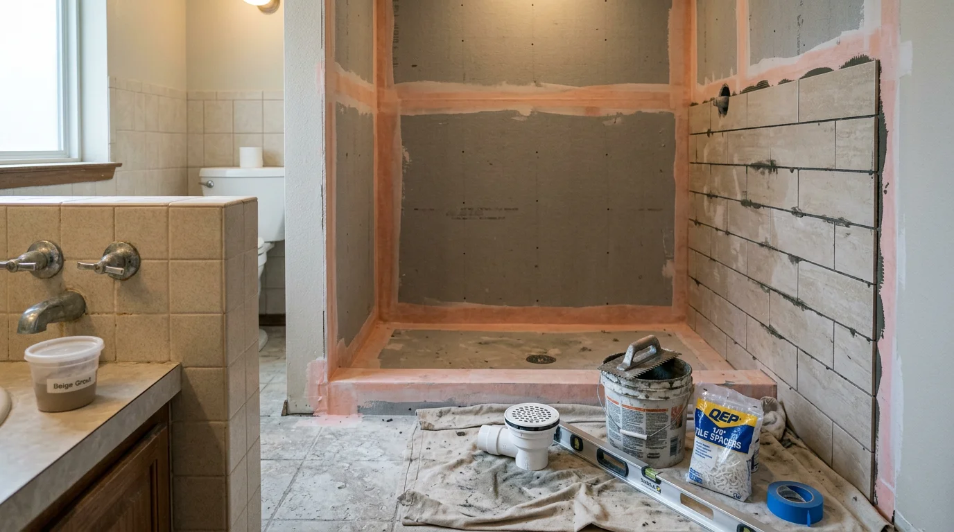 A newly installed tile shower in a Mustang, Oklahoma home, showing a clean shower enclosure with tiled walls and a floor-level drain. The finished installation reflects completed plumbing rough-in and waterproofed substrate work behind the tile.