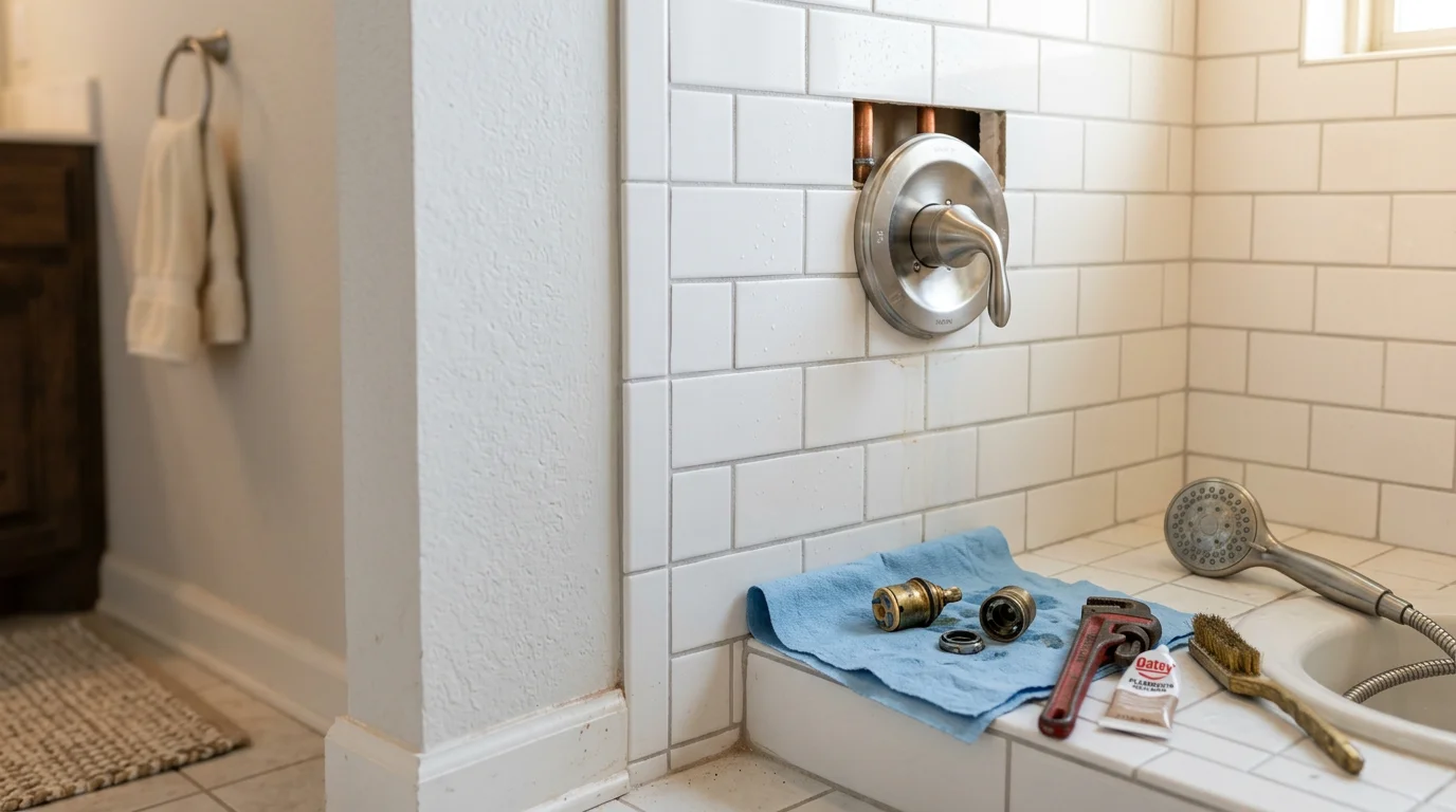 A plumber repairing a shower valve inside a residential bathroom in Mustang, Oklahoma. The wall access panel is open, showing the supply lines and valve body being serviced.
