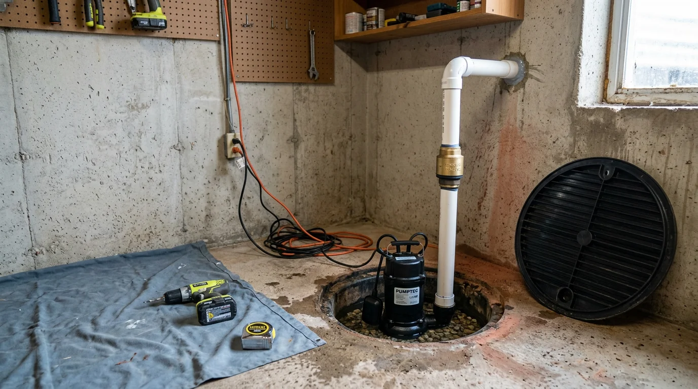 A submersible sump pump installed inside a concrete sump pit in a Mustang, Oklahoma basement, with a white PVC discharge line running up the wall and out through the foundation. The pit is clean and the pump is fully seated at the basin floor.