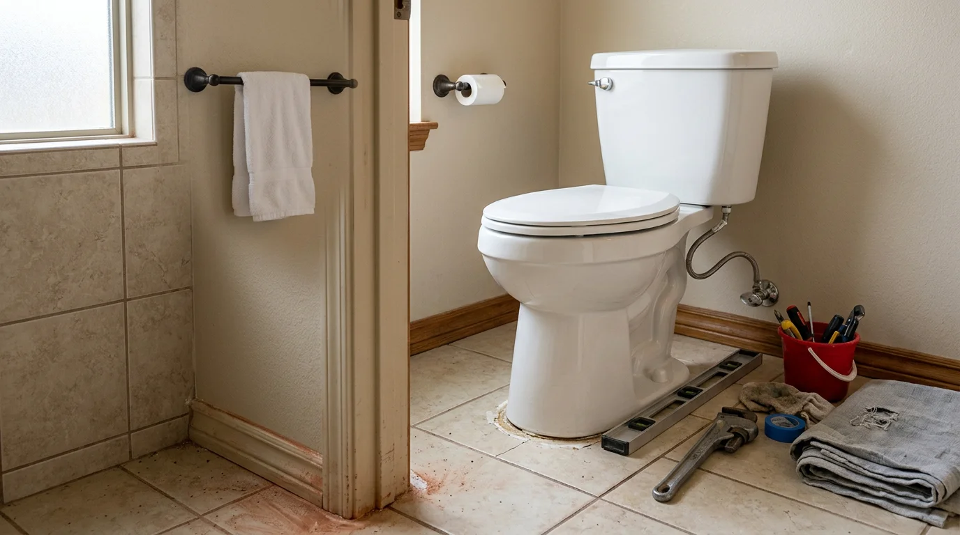 A newly installed white toilet in a residential bathroom in Mustang, Oklahoma, with a clean wax seal, connected supply line, and finished tile flooring visible around the base.