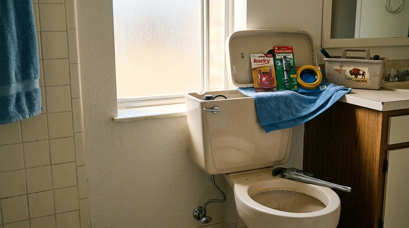 A plumber inspecting the internal tank components of a residential toilet in a Mustang, Oklahoma home. The fill valve and flapper are visible with tools resting on the tank lid nearby.