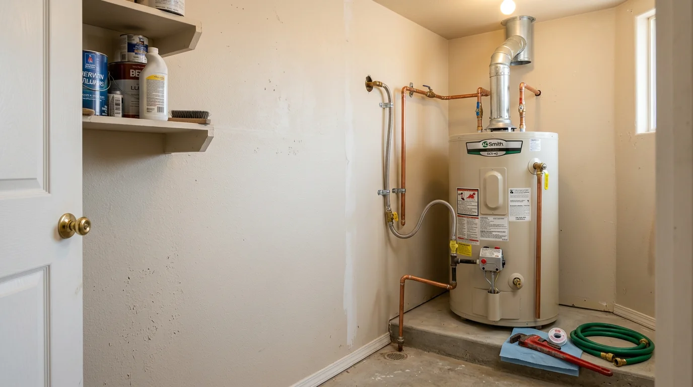 A newly installed tankless water heater mounted on a utility room wall in a Mustang, Oklahoma home, with copper supply lines and a gas connection visible. A plumber from Bailey Plumbing checks the connections during the final inspection.