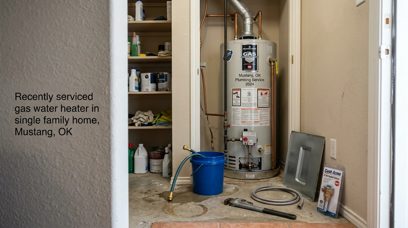 A plumber inspecting the components of a residential gas water heater inside a Mustang, Oklahoma home. The image shows the pressure relief valve, supply lines, and tank connections during a diagnostic service call.