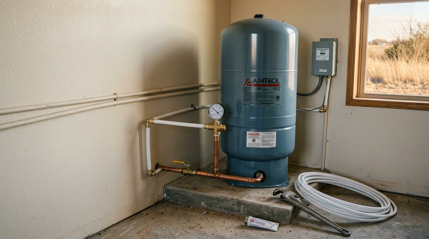A newly installed residential water pressure tank connected to well system plumbing in a Mustang, Oklahoma home utility area. The tank and fittings are secure, with pressure gauge visible and connections neatly completed.