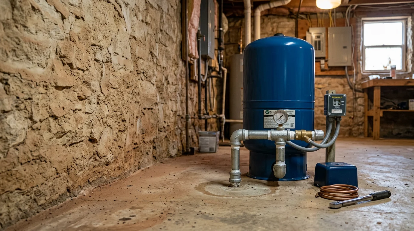 A plumber inspecting a residential pressure tank and connected plumbing in a utility room of a Mustang, Oklahoma home. The tank, pressure switch, and supply lines are visible during a water tank repair service call.